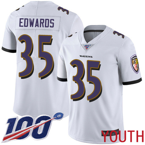 Baltimore Ravens Limited White Youth Gus Edwards Road Jersey NFL Football #35 100th Season Vapor Untouchable